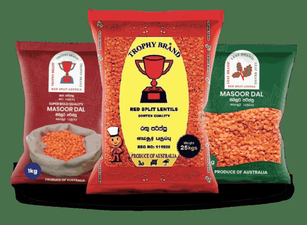 PSPIL red split lentils packed under Trophy Brand and Leaf Brand retail labels, alongside a 25kg export bag