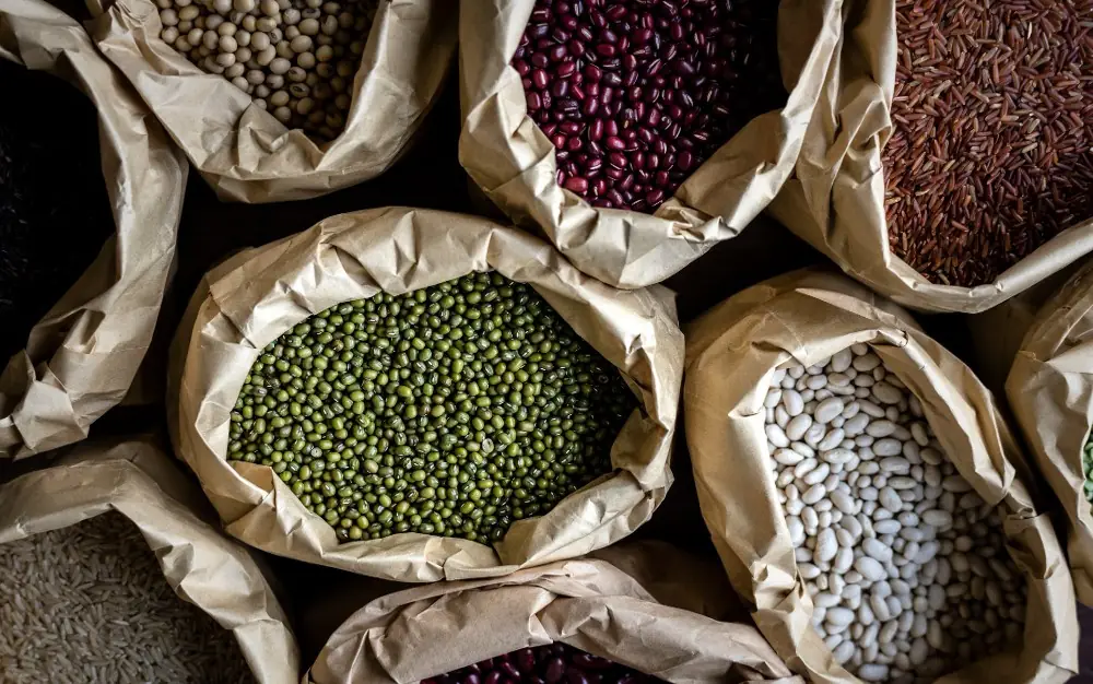 Sacks of raw pulses and grains sourced for processing